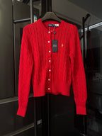 Ralph Lauren cable-knit cardigan, red, button-front with stand collar and polo emblem