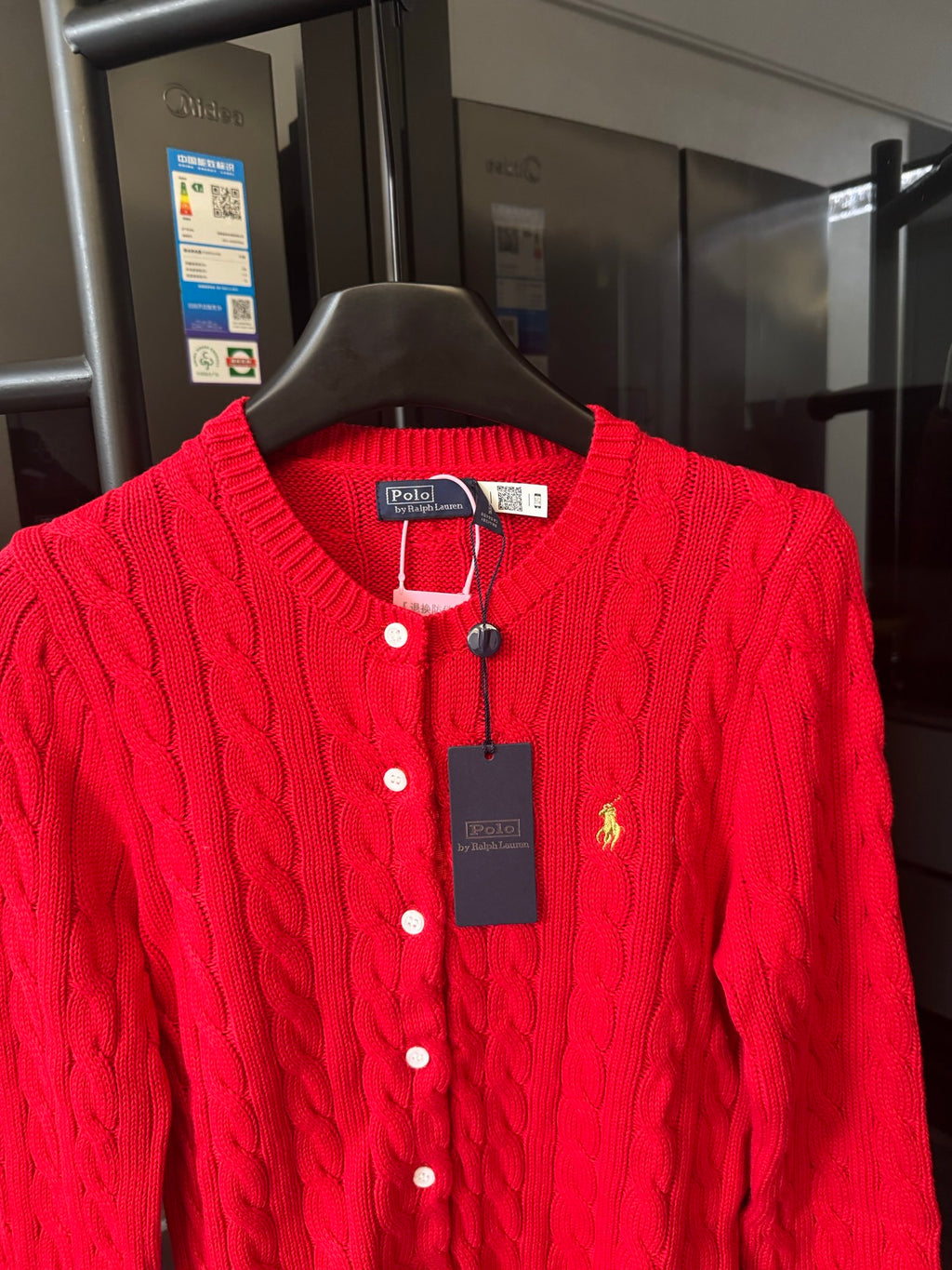 Ralph Lauren cable-knit cardigan, red, stand collar with button closure and polo logo