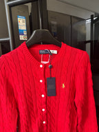 Ralph Lauren cable-knit cardigan, red, stand collar with button closure and polo logo