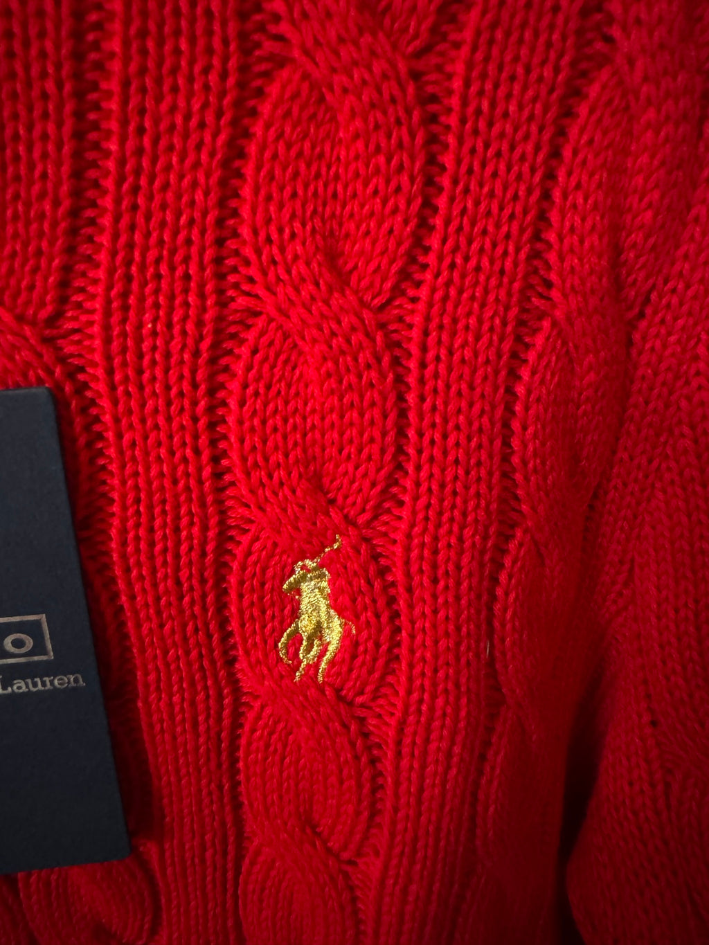 Ralph Lauren cardigan, red cable-knit with small gold polo-crest applique