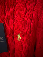 Ralph Lauren cardigan, red cable-knit with small gold polo-crest applique