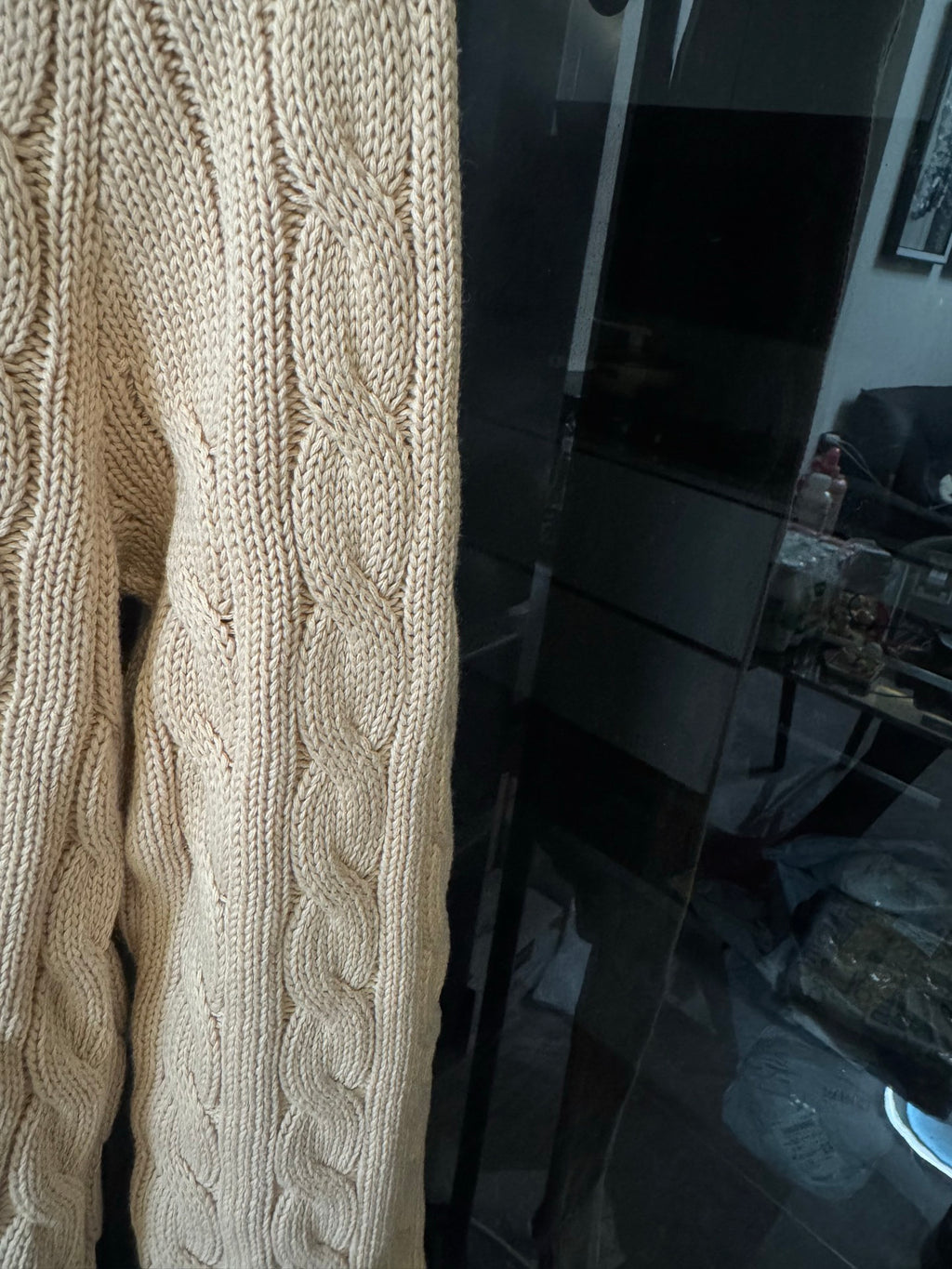 Ralph Lauren cable-knit cardigan sleeve and knit pattern, light tan color