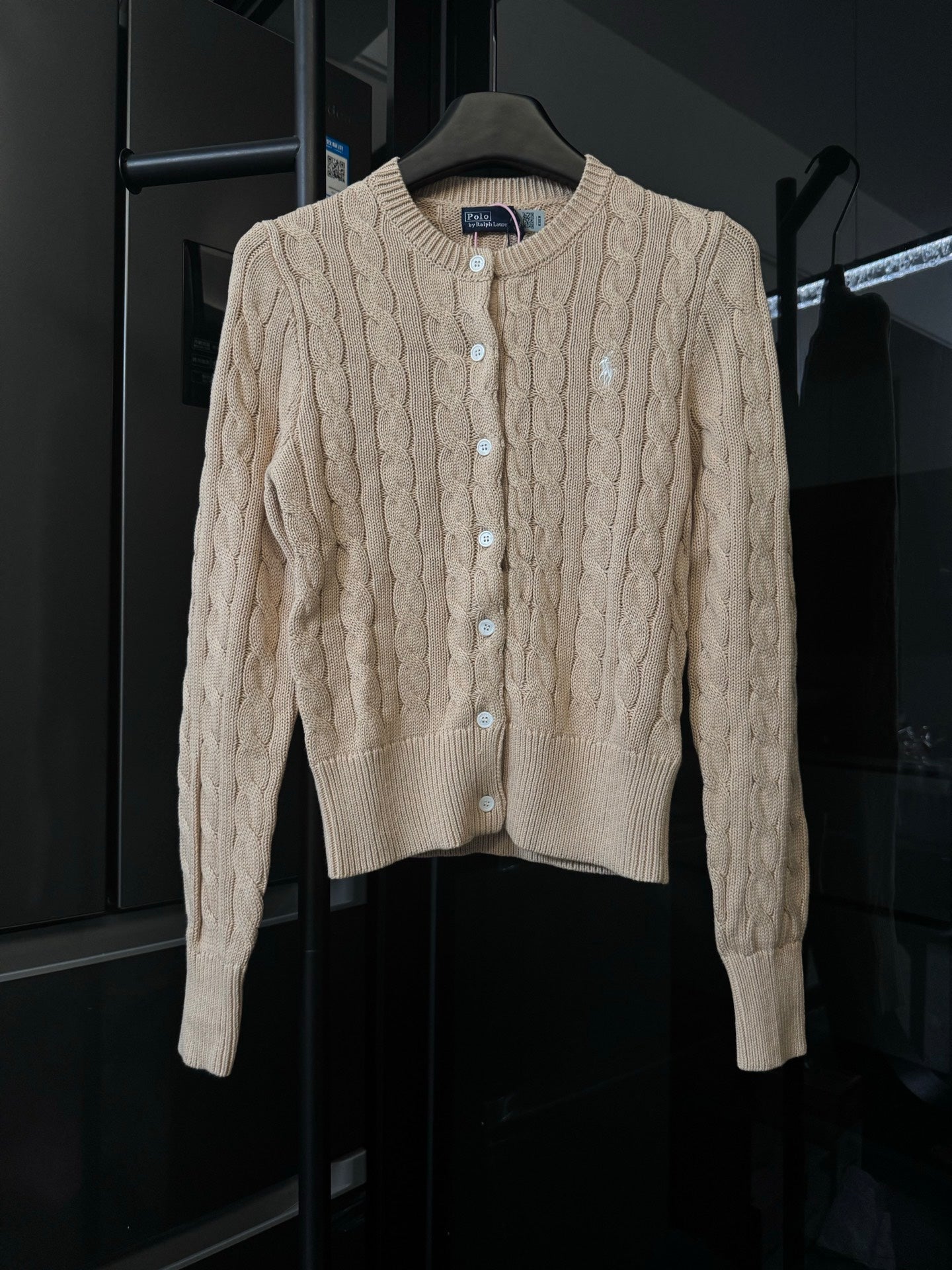 Ralph Lauren cable-knit cardigan, button-front, light tan, long sleeves