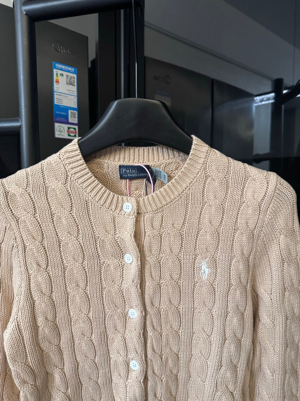 Ralph Lauren cable-knit cardigan, button placket, light tan knit, crew neckline