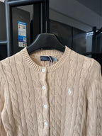 Ralph Lauren cable-knit cardigan, button placket, light tan knit, crew neckline