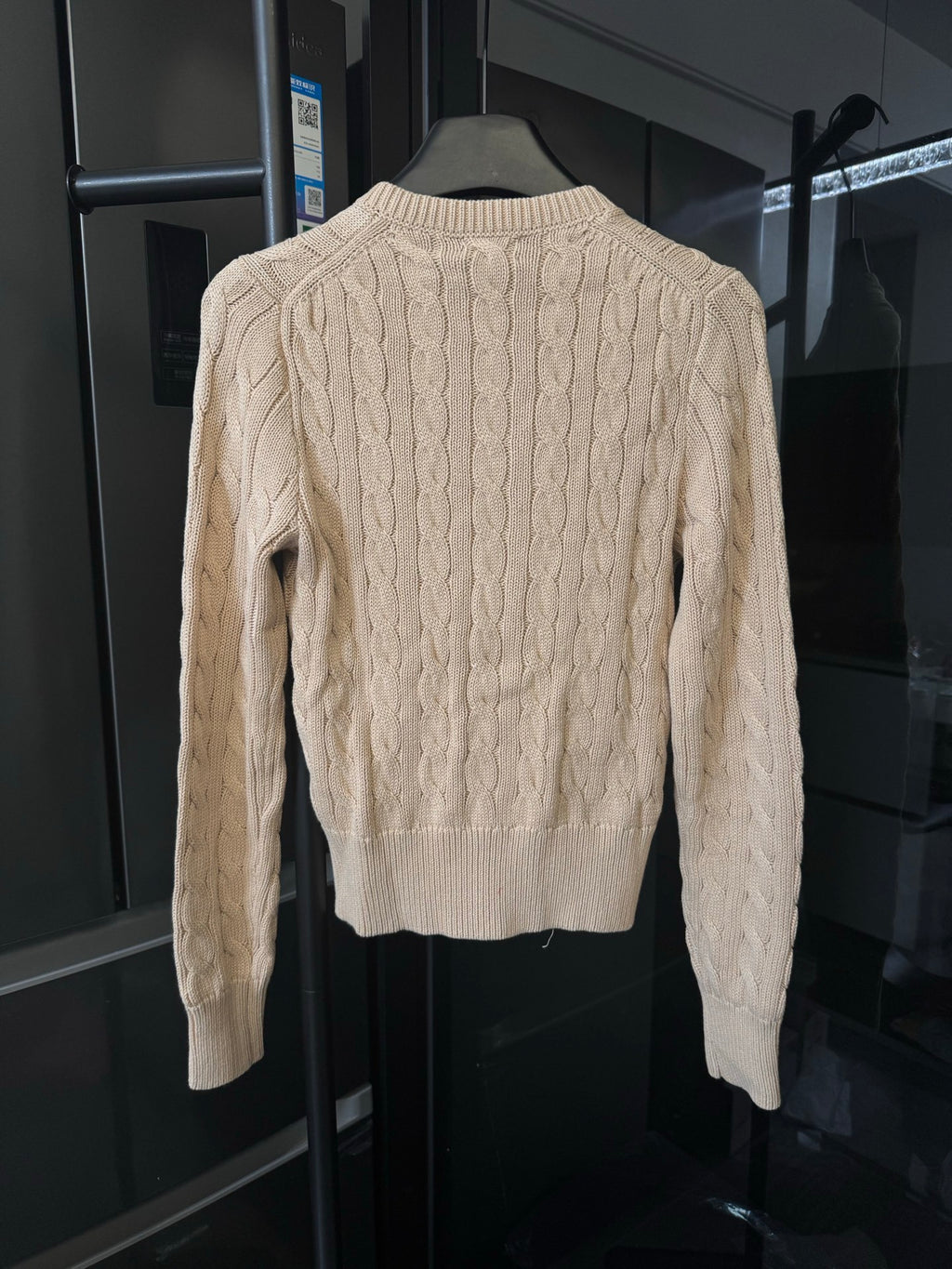 Ralph Lauren cable-knit cardigan sweater, button front, light tan, back view
