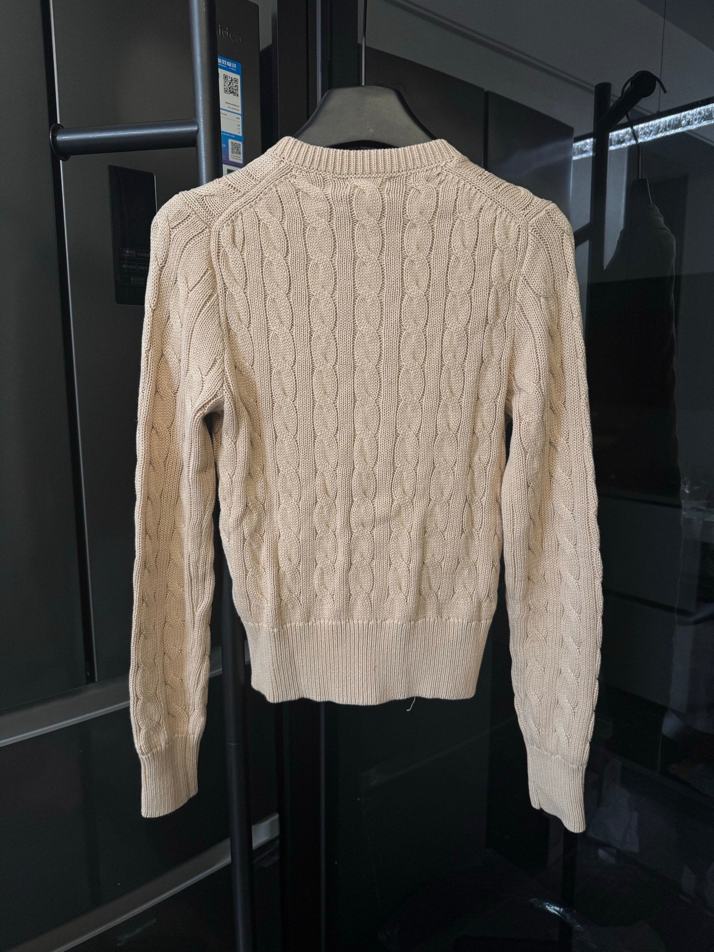 Ralph Lauren cable-knit cardigan sweater, button front, light tan, back view