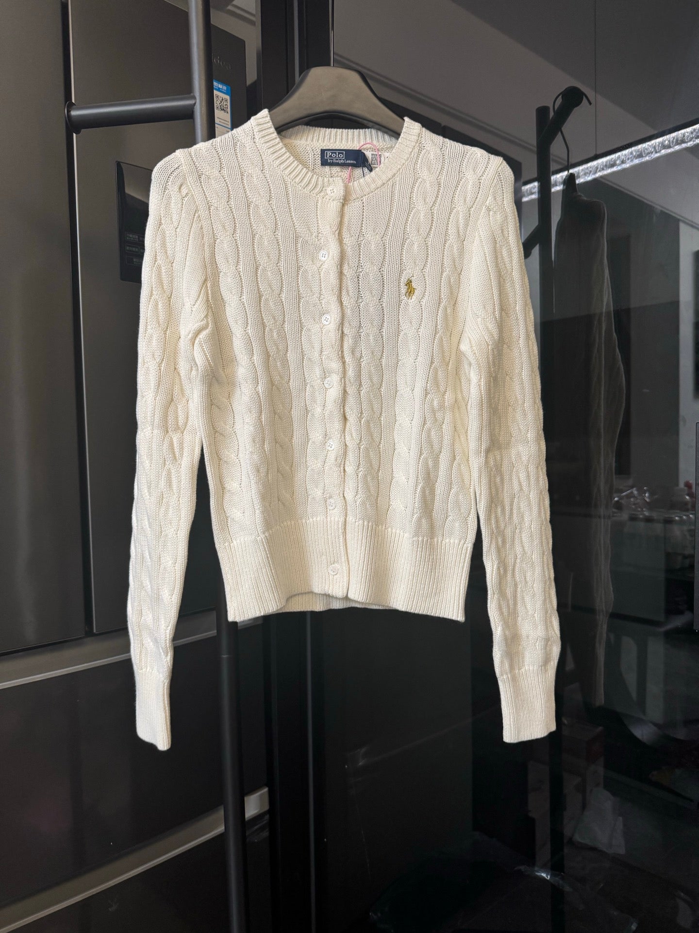 Ivory cable-knit sweater, crew neck, button placket, Polo Ralph Lauren logo