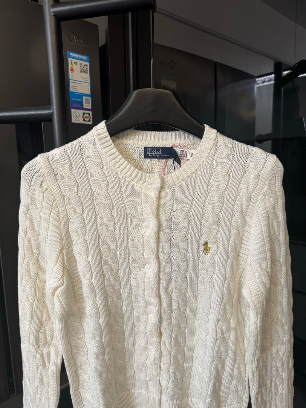Ivory cable-knit sweater with crew neck, button placket, Polo Ralph Lauren logo