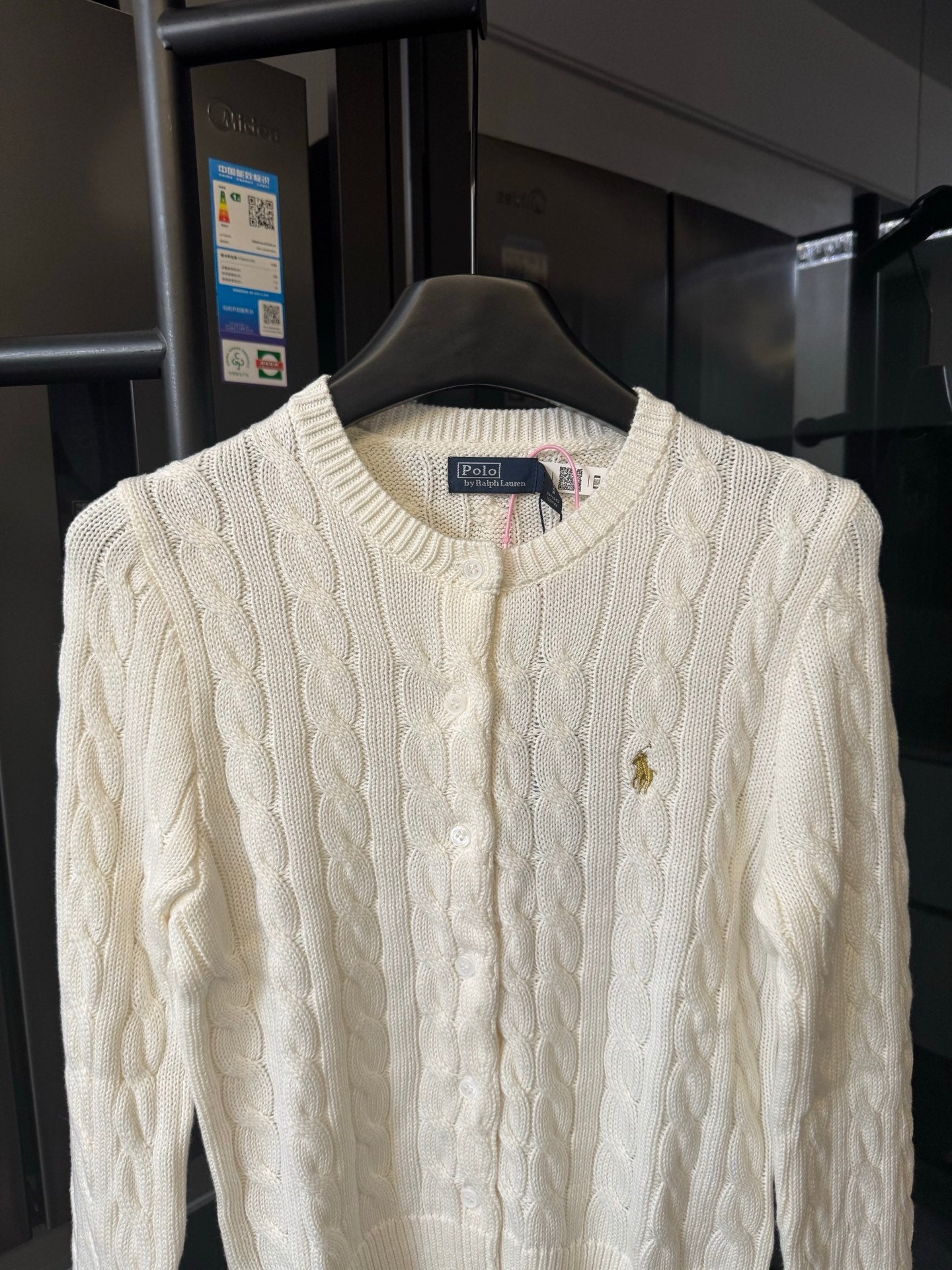 Ivory cable-knit sweater with crew neck, button placket, Polo Ralph Lauren logo