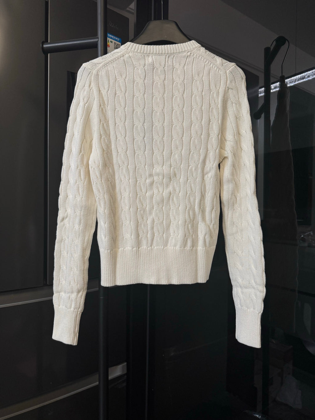 Ivory cable-knit sweater, crew neck and ribbed cuffs, Polo Ralph Lauren logo