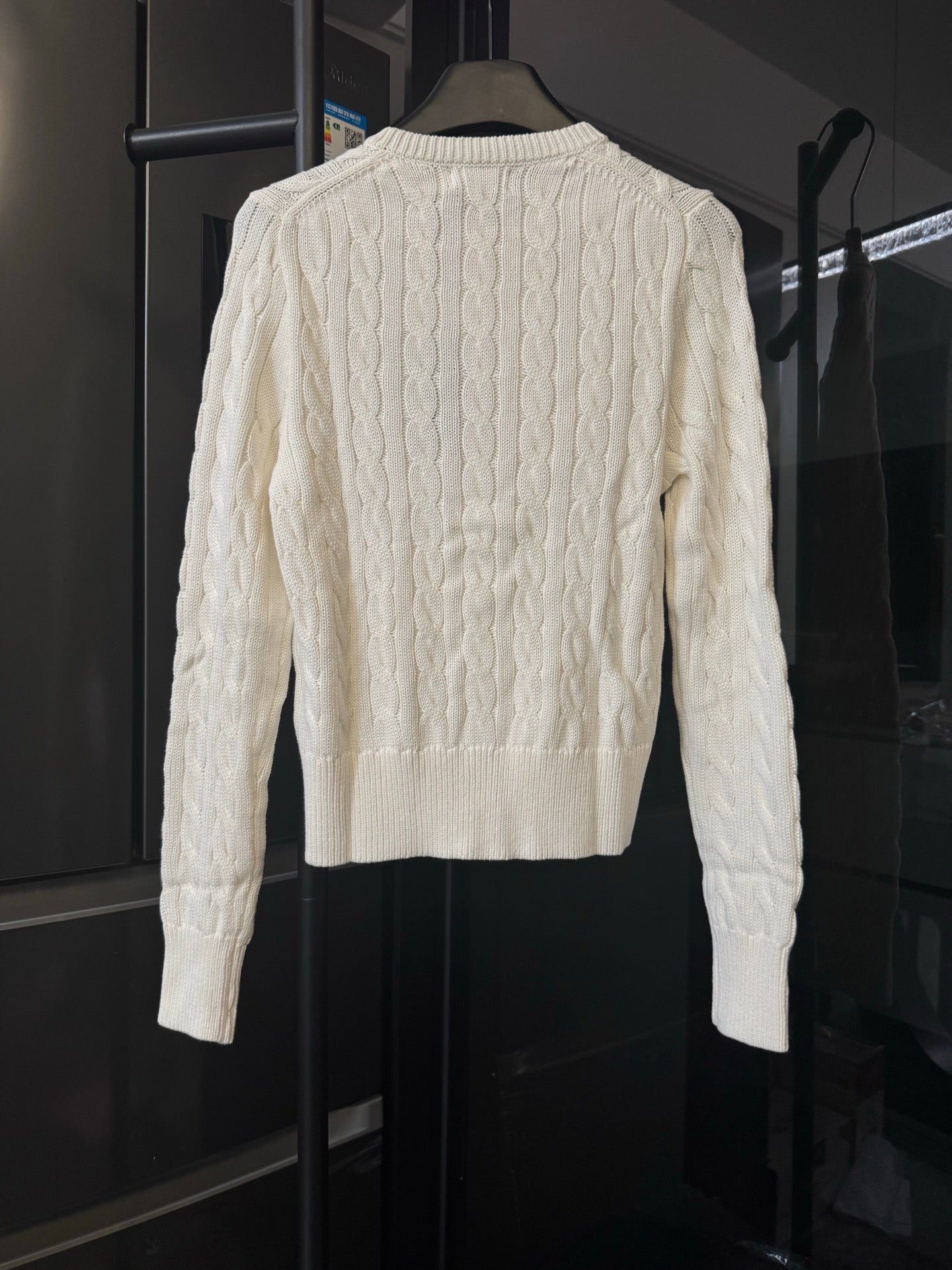 Ivory cable-knit sweater, crew neck and ribbed cuffs, Polo Ralph Lauren logo