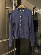 Ralph Lauren navy cable-knit cardigan with button front and red polo logo on chest