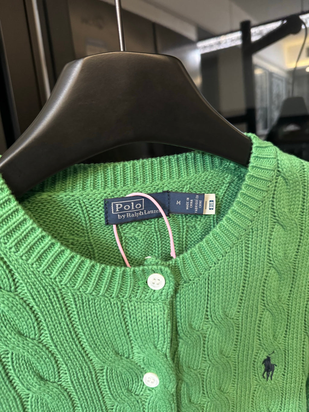 Green knit cardigan with button placket and Polo Ralph Lauren neck label