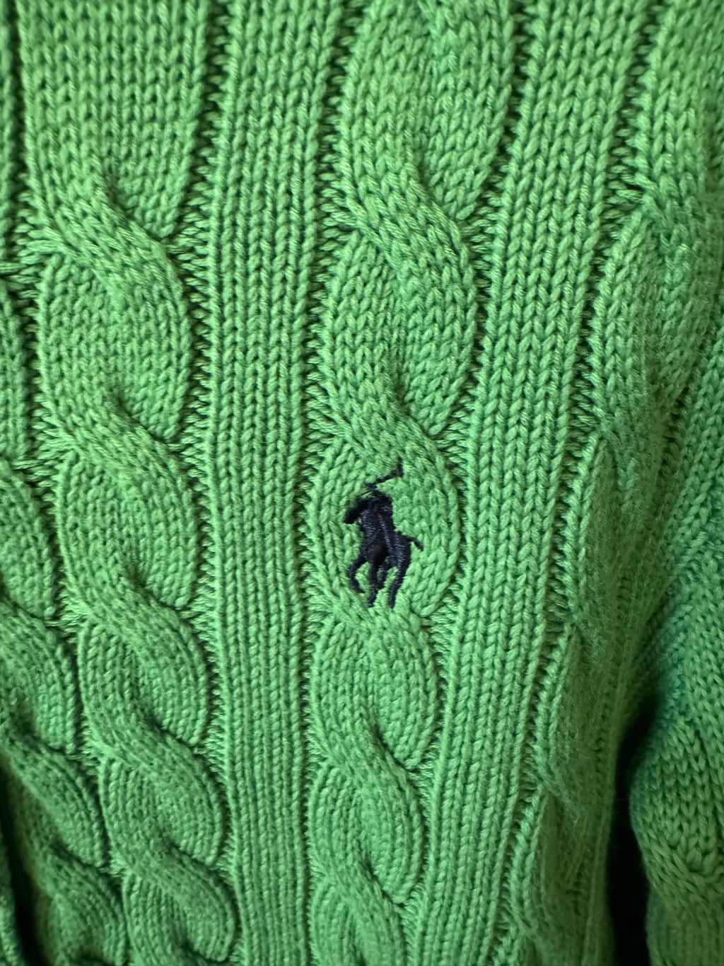 Green cable-knit cardigan with small Polo logo on chest