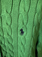 Green cable-knit cardigan with small Polo logo on chest