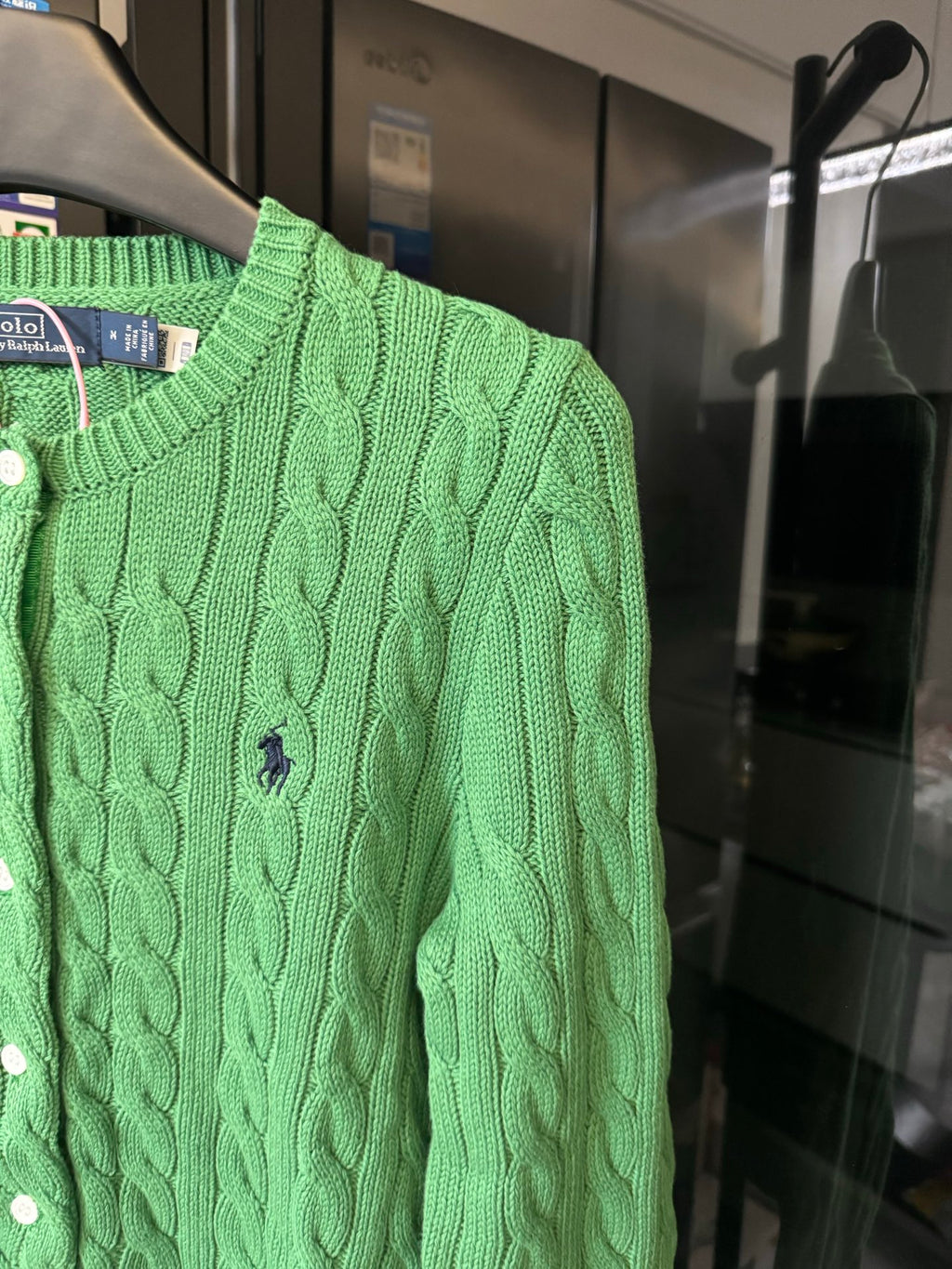 Green cable-knit Polo Ralph Lauren cardigan with crew neck and logo detail