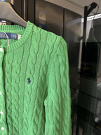 Green cable-knit Polo Ralph Lauren cardigan with crew neck and logo detail