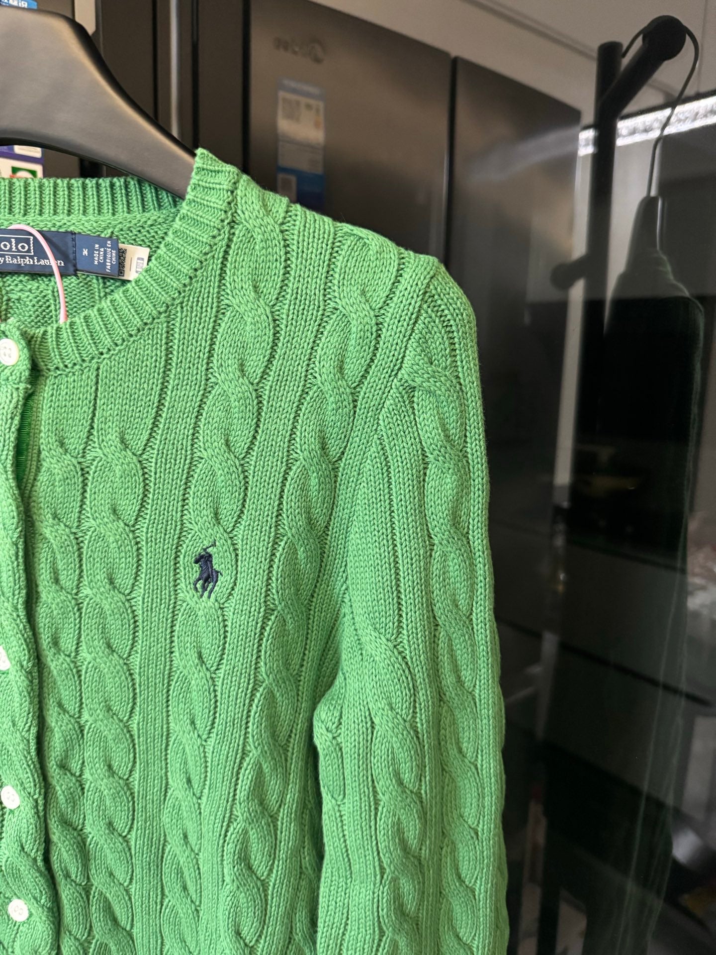 Green cable-knit Polo Ralph Lauren cardigan with crew neck and logo detail