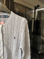 Ralph Lauren cable-knit cardigan sleeve and side, cream textured cable knit.