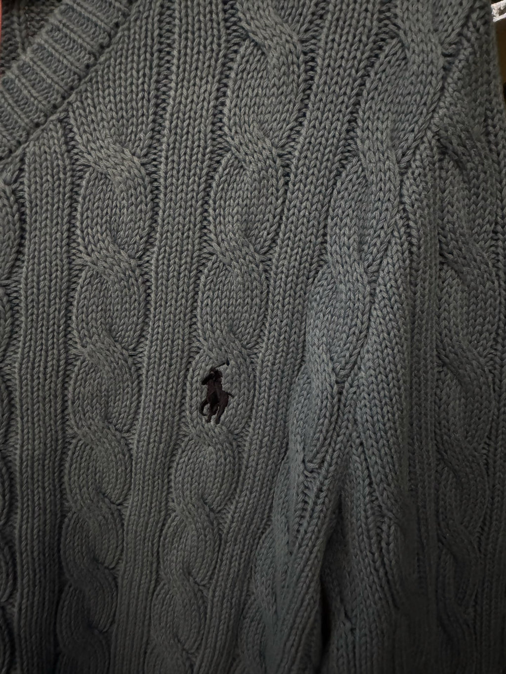 Ralph Lauren cable-knit cardigan detail, light blue with Polo logo on chest