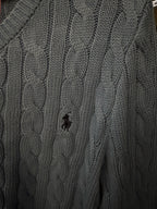 Ralph Lauren cable-knit cardigan detail, light blue with Polo logo on chest