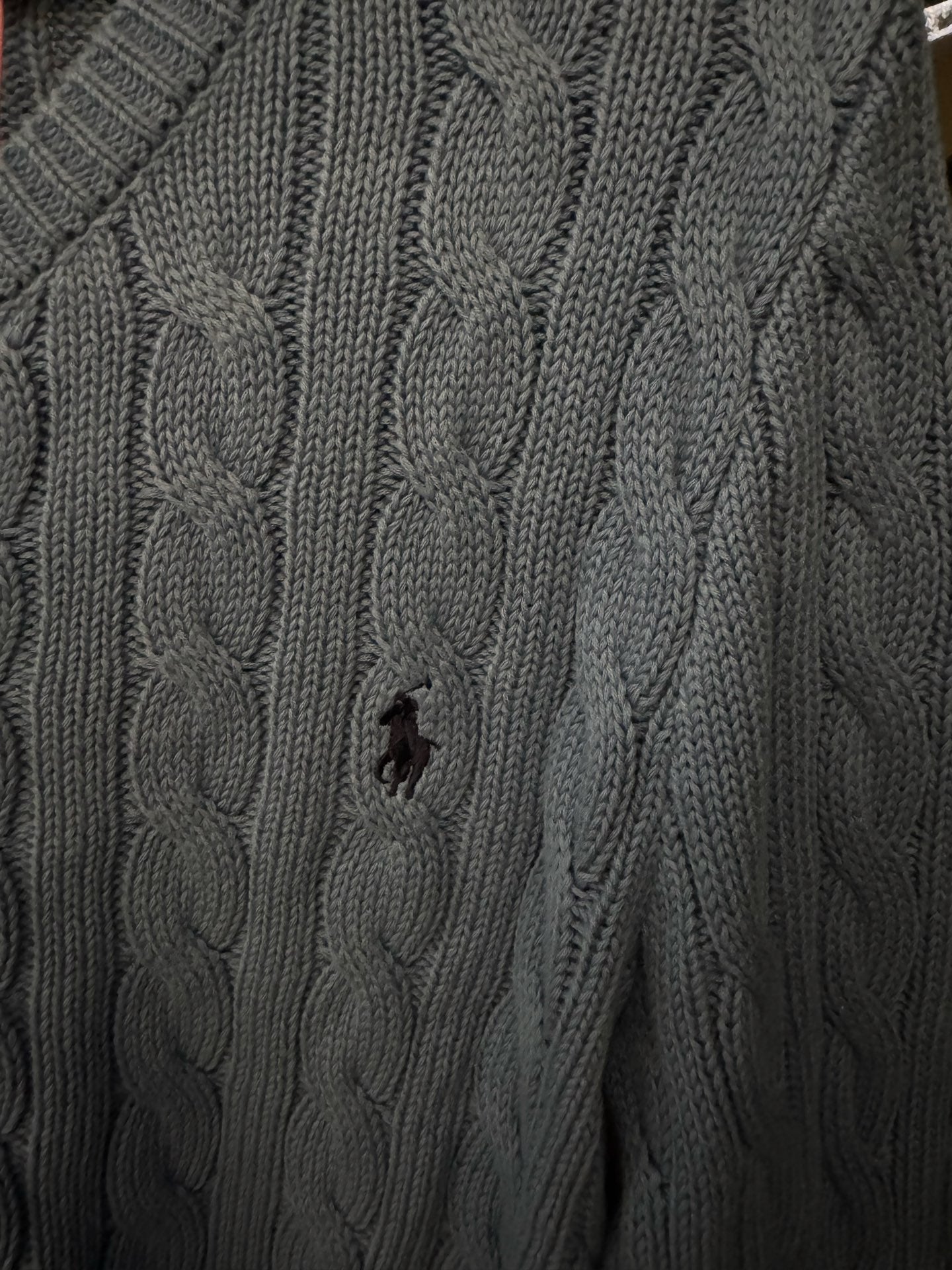 Ralph Lauren cable-knit cardigan detail, light blue with Polo logo on chest