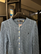 Ralph Lauren cable-knit cardigan, light blue, button-front with Polo logo
