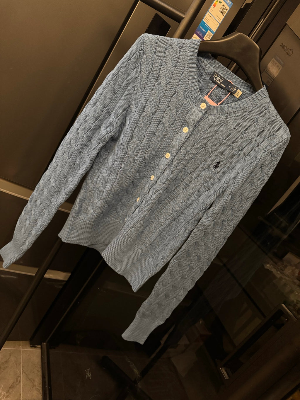 Ralph Lauren cable-knit cardigan, light blue, button front and ribbed cuffs