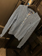Ralph Lauren cable-knit cardigan, light blue, button front and ribbed cuffs