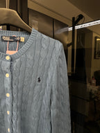 Ralph Lauren cable-knit cardigan, light blue, button placket and embroidered Polo logo