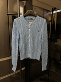 Ralph Lauren cable-knit cardigan, light blue, button-front, crew neckline