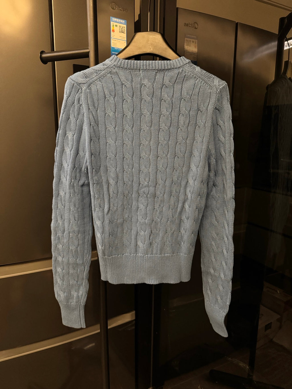 Ralph Lauren cable-knit cardigan back view, light blue with textured knit pattern