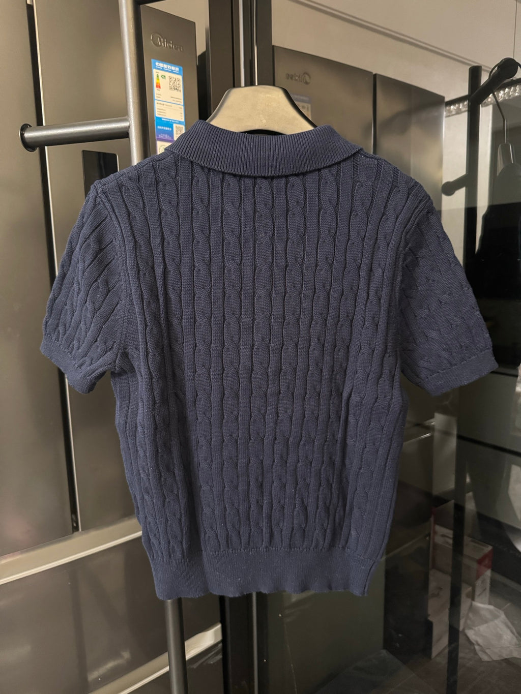Ralph Lauren cable-knit polo shirt, navy blue, ribbed back collar and buttons