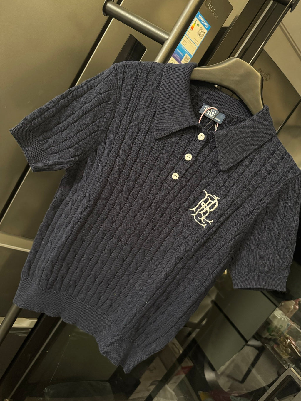 Ralph Lauren cable-knit polo shirt, dark navy, short sleeves, logo on chest