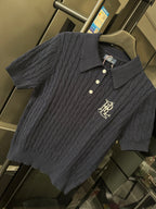 Ralph Lauren cable-knit polo shirt, dark navy, short sleeves, logo on chest