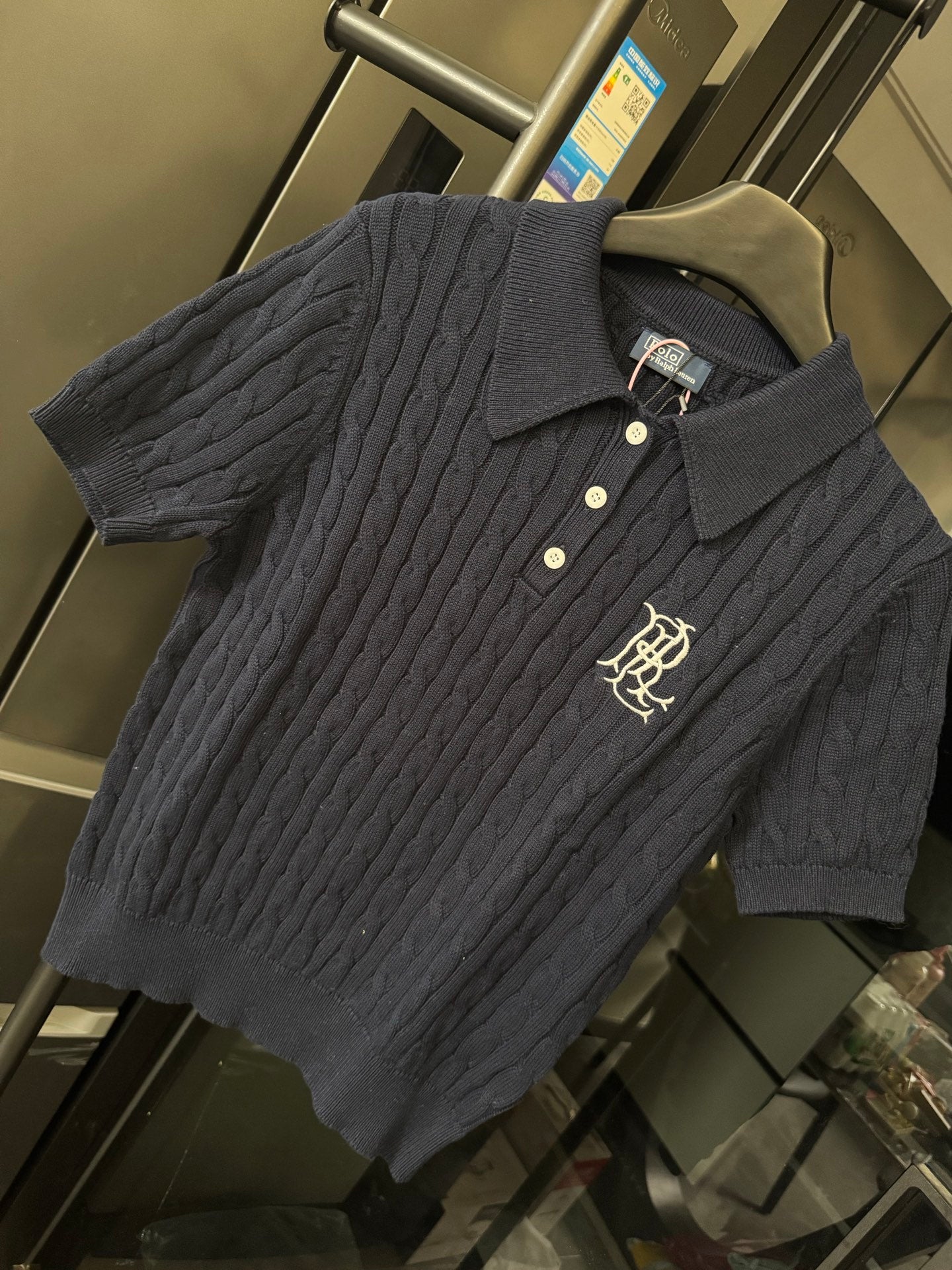 Ralph Lauren cable-knit polo shirt, dark navy, short sleeves, logo on chest