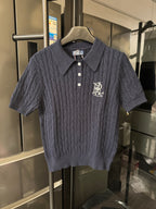 Ralph Lauren cable-knit polo shirt, navy blue, button-front and embroidered logo