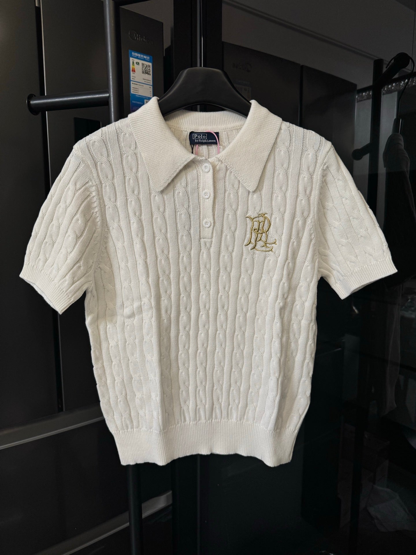 Ralph Lauren ivory cable-knit polo shirt, short sleeves, button placket