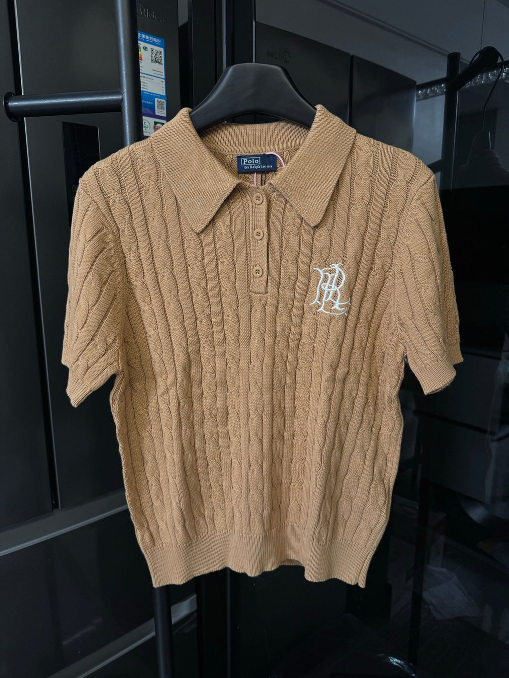 Ralph Lauren cable-knit polo shirt in beige, button placket and embroidered logo at chest.