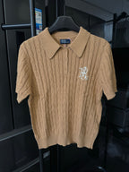 Ralph Lauren cable-knit polo shirt in beige, button placket and embroidered logo at chest.