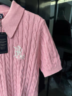 Pink cable-knit polo shirt with RL chest emblem and short sleeves