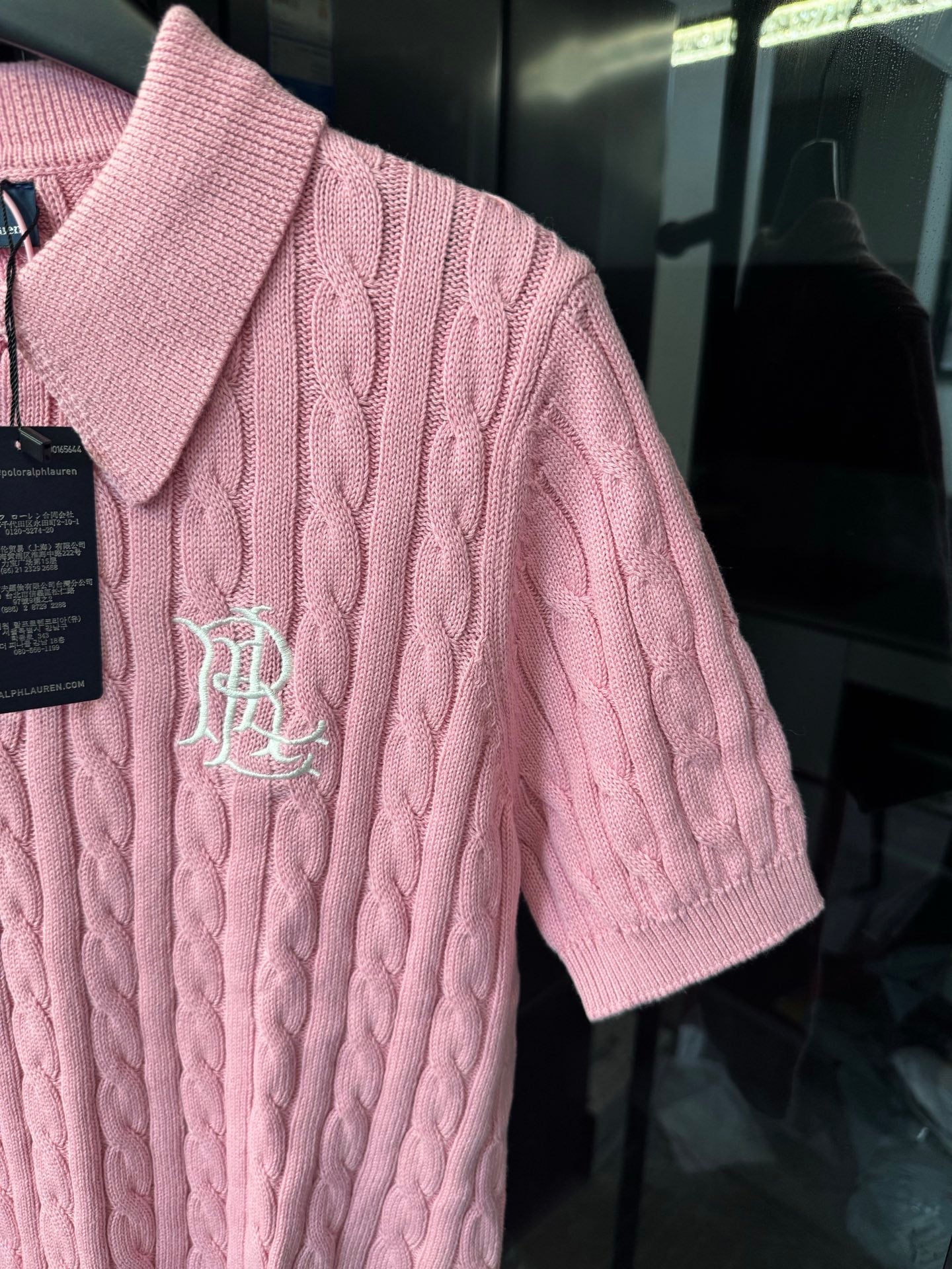 Pink cable-knit polo shirt with RL chest emblem and short sleeves