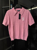 Pink cable-knit polo shirt with button placket and chest RL emblem