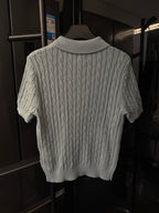 Gray cable-knit polo sweater, crew neck with ribbed collar and short sleeves