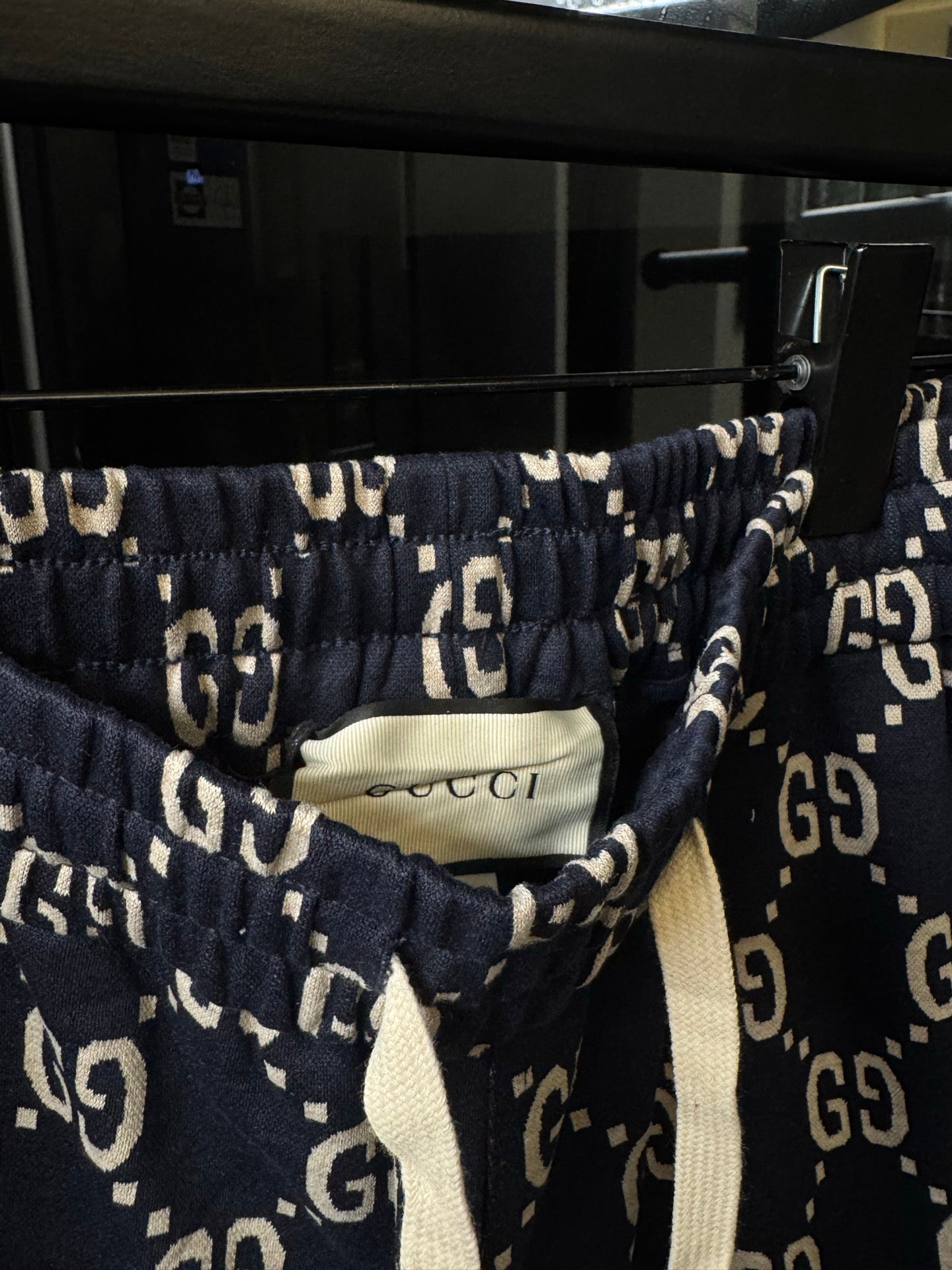 Gucci pants waistband detail in navy with GG monogram print, elastic opening