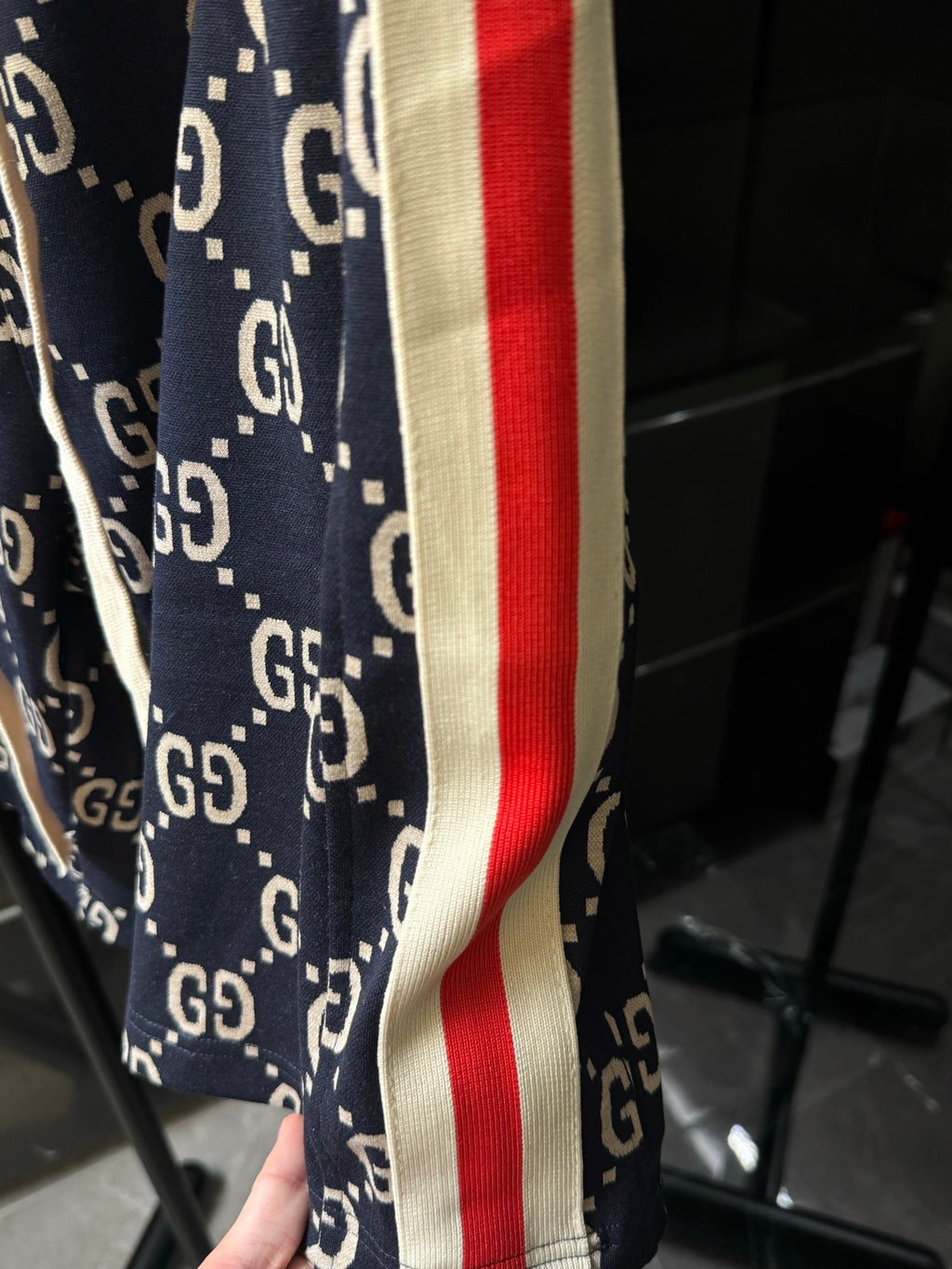 Gucci pants side stripe detail in navy with red and cream trim along seam