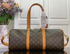 Louis Vuitton monogram duffel bag with tan leather top handle and crossbody strap.