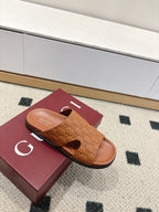 Gucci tan monogram slide sandals with open toe and flat slide sole