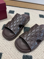 Gucci dark brown embossed slide sandals, pair with open toe and logo strap